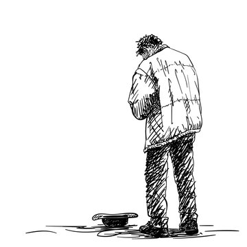 Drawing of man old beggar is begging with hat on ground. Hand drawn illustration Vector sketch. View from back