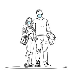 Drawing of young couple wearing medical face mask standing together holding hands. Coronavirus prevention people man and woman with no face. Vector sketch Hand drawn illustration