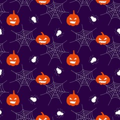 Vector seamless pattern for the Halloween holiday. Cobwebs, pumpkins and spiders on an dark purple background. Horror texture  for party decor, wrapping paper, invitations.