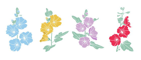Set of hand drawn mallow flowers illustration in graphic style