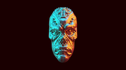 Naklejka premium Antique Silver Alien Face with Red Orange and Blue Green Moody 80s lighting 3d illustration 3d render