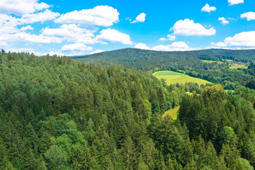 Aerial view from bavarian forest and amazing ecological landscape, germany