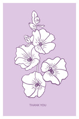 Hand drawn "Thank you" post card with mallow flowers. Floral greeting card template. Vector graphic style botanical illustration.