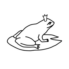 Hand-drawn black vector illustration of one frog in a crown sitting on a water lily leaf on a white background