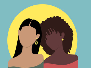 Interracial friendship. Two figures of girls with different skin colors. African American and Asian