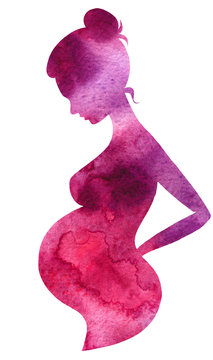 Watercolor texture pregnant woman silhouette isolated on white
