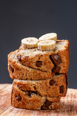 Banana cake with pieces of chocolate. Homemade cake. 