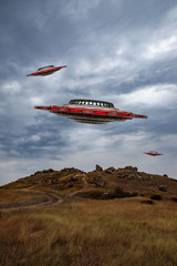 landscape with unidentified flying saucers. 3d model of a ufo in the sky. illustration © toomler
