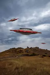 Foto op Plexiglas UFO landschap met onbekende vliegende schotels. 3D-model van een ufo in de lucht. illustratie