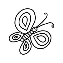 Hand-drawn black vector illustration of one butterfly is flying on a white background