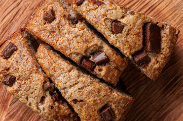 Chocolate cake with pieces of chocolate. Homemade cake