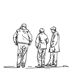 Fototapeta na wymiar Drawing of standing people three friends men talking, View from back and side, Vector sketch Hand drawn line illustration isolated