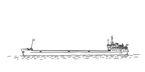 Drawing of Oil tanker empty side view, Cargo ship Freight Transportation, Shipping, Vector sketch Hand drawn illustration isolated, Logistics