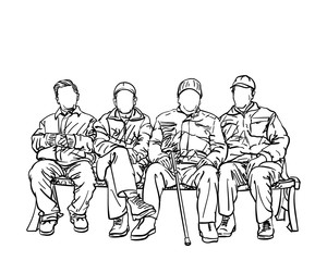 Drawing of four old men friends sitting on bench near to each other, many people no face, Vector sketch Hand drawn line illustration