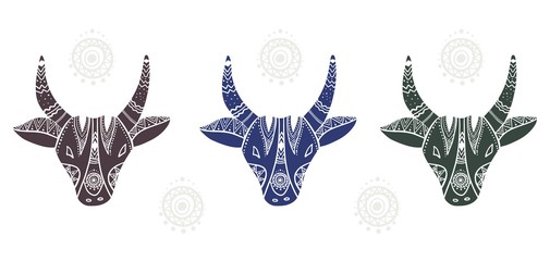 Chinese Zodiac. Chinese Animal astrological sign. Cow. Vector Illustration.Black African bull with ornaments. Symbol of 2021