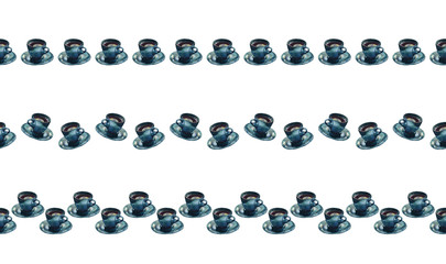 Set of three horizontal seamless borders of watercolour painted green coffee cups, isolated on white. For duct tape, invitations, cards, menu, stationery and packaging design.