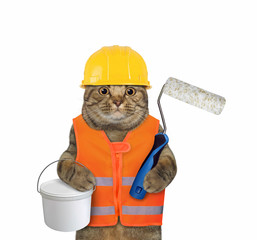 The beige cat worker in a vest, a helmet and boots is holding a roller brush and a plastic tin of...
