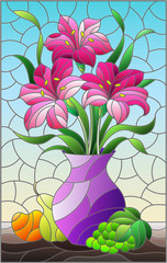 Illustration in stained glass style with bouquets of bright lily flowers in a purple  jug, pear, grape  and apple on table on blue background