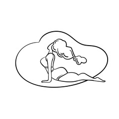 Plus size yoga woman, Lady with curly hair home workout body positive. Outline vector illustration on white background. Upward-facing dog pose urdhva mukha svanasana. Fitness, healthy lifestyle