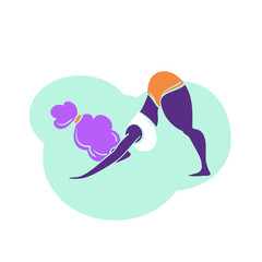 Plus size yoga woman, Lady with curly hair home workout body positive. Vector illustration isolated on white. Downward facing dog asana Adho mukha svanasana. Fitness, yoga, healthy lifestyle concept