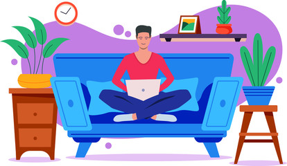 Young man is sitting with laptop on the sofa at home. Working on a computer. Freelance, online education or social media concept. Vector illustration isolated on white