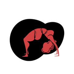 Plus size yoga woman, Lady with curly hair home workout body positive. Lash lava color vector illustration on black abstract shape. Upward bow wheel pose, Urdhva dhanurasana. Fitness, healthy life