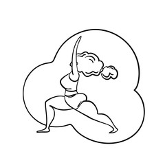 Plus size yoga woman, Lady with curly hair home workout body positive. Outline vector illustration on white background. Virabhadrasana Warrior pose. Fitness, healthy lifestyle