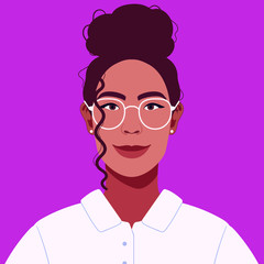 Portrait of a beautiful female office worker. Confident young woman in business attire with glasses. Happy student with curly hair are smiling. Social network profile avatar. Contemporary flat design.