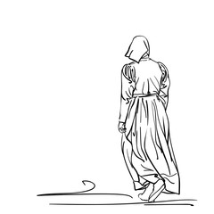 Drawing of a girl in old-fashion retro peasant dress walking away, back view, Woman in vintage rural clothes, Hand drawn Vector line art illustration