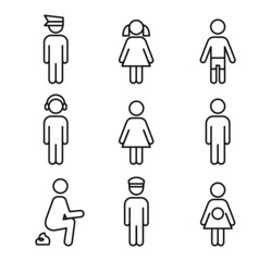 People line icons set. Person, police, girl, boy, headphones, music, woman, man, pregnant, poo, shit, vector illustrations. Human outline signs. 