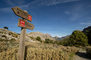 GR221 signpost, Cuber valley, Fornalutx, Mallorca, Balearic Islands, Spain