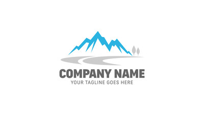 Mountain logo, river, lake, field, road, vector template