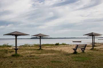 isolation, empty beach, no people, coronavirus, beautiful sea view, boats on the lake