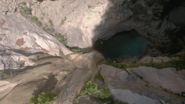 Top view drone shot of Dimosari Waterfall in Lefkata