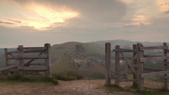 View of Corfe Castle from West Hill, smooth slider shot.