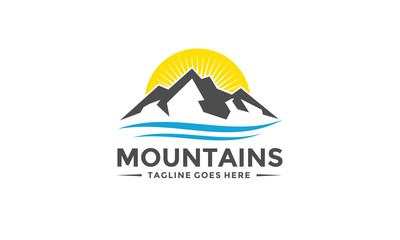 Mountain River Sun Logo Vector