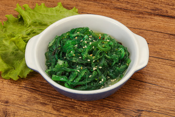 Fototapeta premium Green Chuka Seaweed Salad Isolated on White Background Top View. Wakame Sea Kelp Salat
