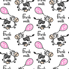 Seamless vector cute Friesian cow pattern in line doodle style with air balloons and Fresh milk lettering. For beef or milk packages or farm concepts, fabric textile prints or backgrounds.