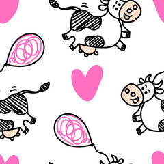 Seamless vector cute Friesian cow girlish pattern in sketch doodle style with funny air balloons. For beef or milk packages or farm concepts, fabric textile prints for children or backgrounds.