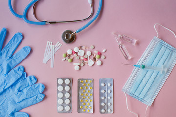 Medicine concept, syringe, pills and phonendoscope