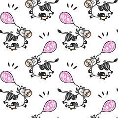 Seamless vector cute Friesian cow pattern in sketch doodle style with funny air balloons. Black and pink colors. For beef or milk packages or farm concepts, fabric textile prints or backgrounds.