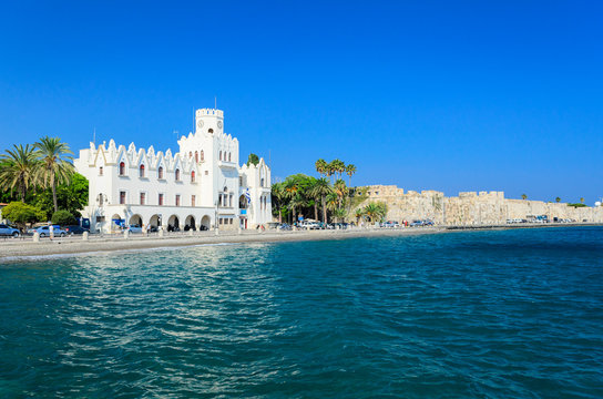 Kos, view of the embankment, office building and the wall of Neratzia Castle. Kos Island, Greece