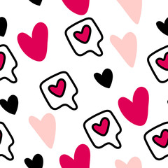 Vector seamless pattern with hearts or like symbols in speech bubbles for social networks. Cute trendy design in black, red and pastel pink colors.