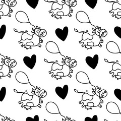 Seamless vector cute Friesian cow pattern in line style with air balloons and hearts in black monochrome color. For beef or milk packages or farm concepts, fabric textile prints or backgrounds.