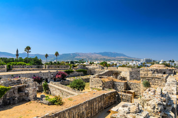 Neratzia Castle.Sculpture-strewn, 14th-century ruins of a seaside fortress featuring panoramic vistas of Kos harbor.Kos, Greece