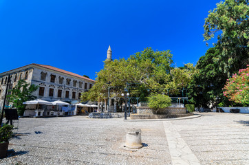 Kos, Square in front of the Hippocratic Tree and Mosque of Gazi Hassan Pasha. Kos Island, Greece