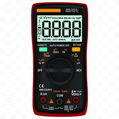 Digital multimeter with lcd and wheel for changing working modes. Voltage tester. Electrical measuring instrument. Vector illustration.