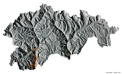 Gasa, district of Bhutan, on white. Relief