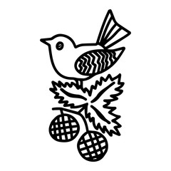 Hand-drawn black vector illustration of one bird is sitting on a branch on a white background