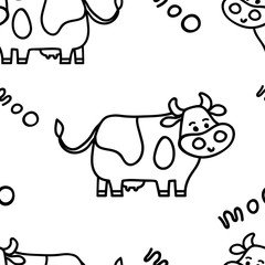 Seamless vector Friesian cow pattern in line doodle style with Moo lettering in black monochrome color on white background. For beef or fresh milk packages, fabric textile prints or backgrounds.